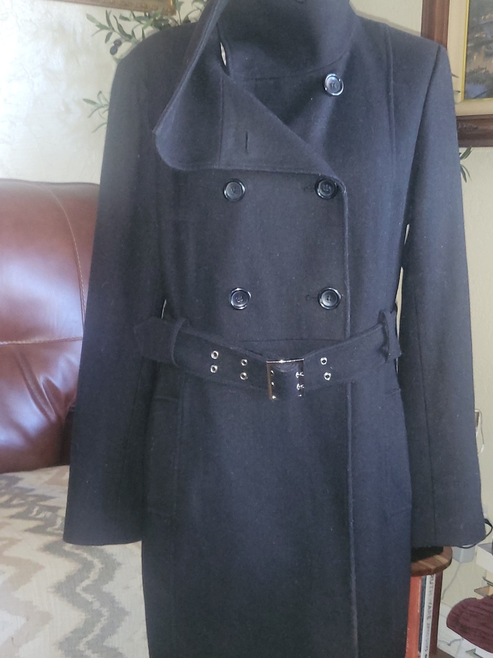 Guess Black Double-Breasted Belted Pea Coat